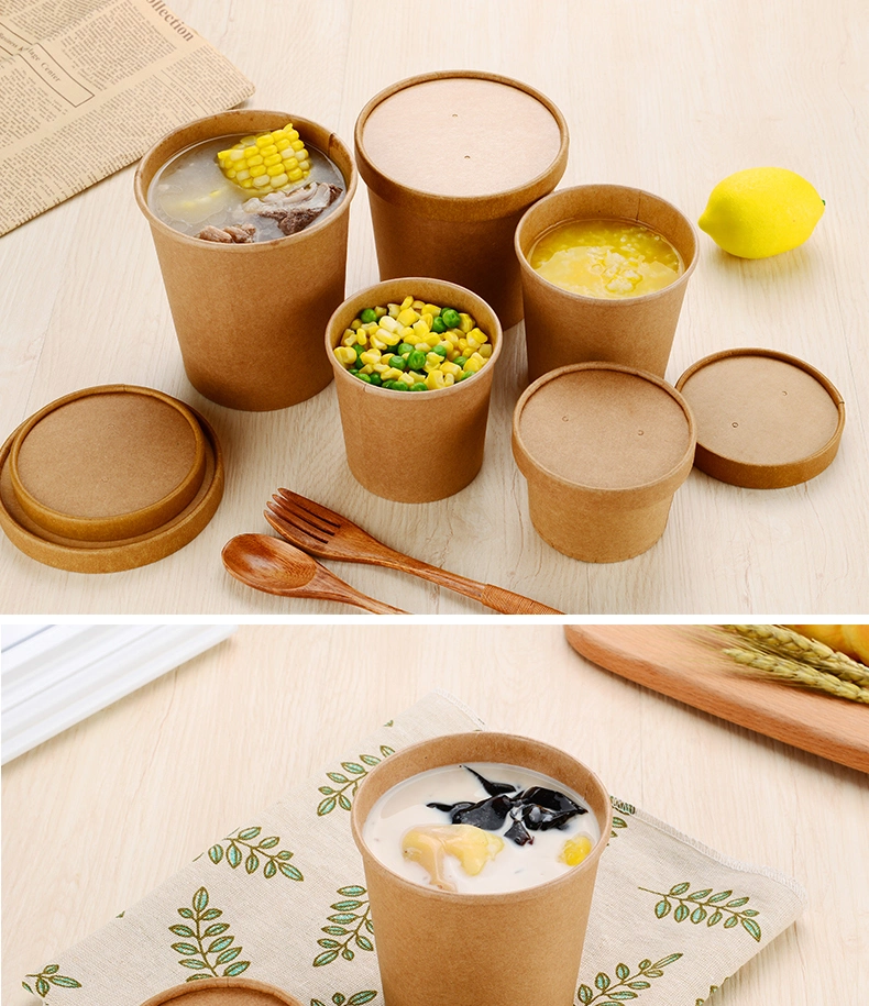 Large Capacity Disposable Ckraft Paper Bowl with Paper Lid Eco Takeaway Food Package Paper Cup Paper Lunch Box