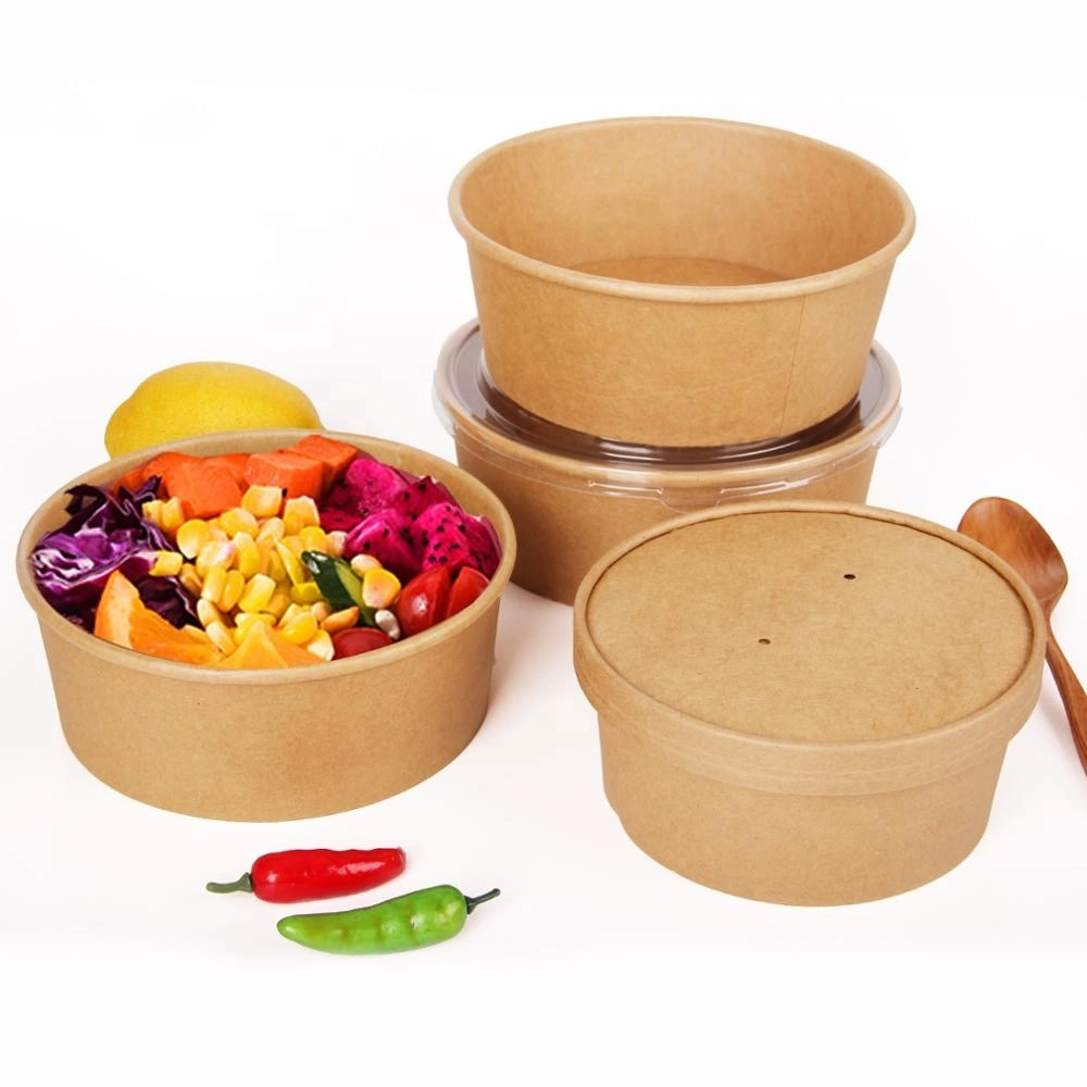 Eco Friendly Disposable Kraft Paper Salad Bowl with Plastic/Paper Lids