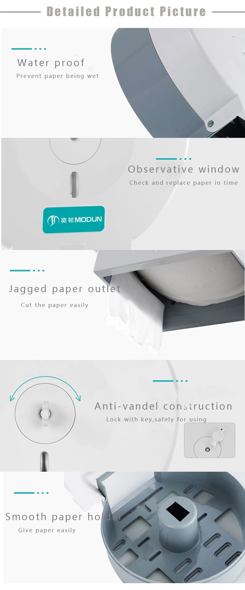 Modun Brand Anti-Vandal Wall Paper Toilet Paper Holders Plastic Jumbo Roll Round Paper Dispenser