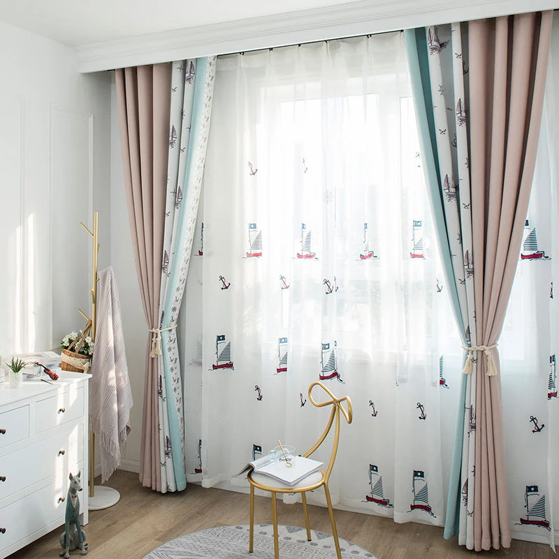 Non-Blocking Yarn-Dyed Jacquard Curtains Cartoon Sailing Seamless Stitching Cotton and Linen Hand-Feel Blackout Curtain Fabric