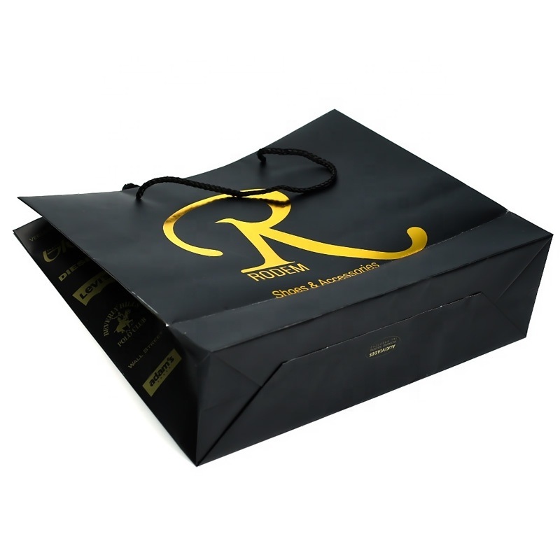 Embossing Logo Gold Foil Custom Printed Black Paper Gift Bags