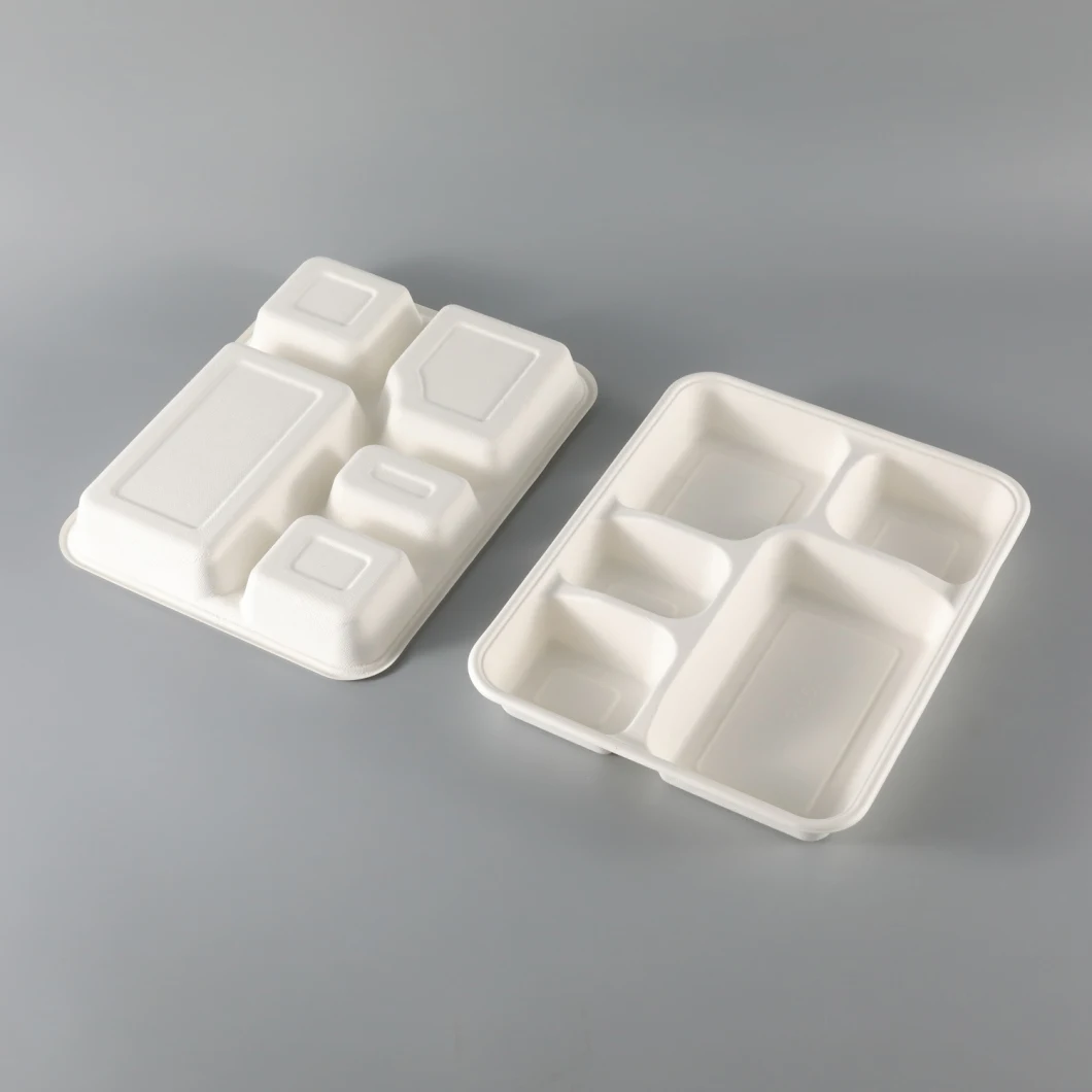 Eco-Friendly Biodegradable Compostable Paper Tableware Fiber Bagasse Sugarcane 5-Compartments Paper Tray Kitchen Utensils