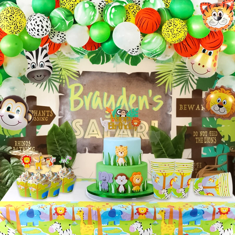 Safari Party Tableware Set Birthday Party Decoration Kids Plate Cups Hats Tablecloth Straw Animal Jungle Birthday Decor Supplies