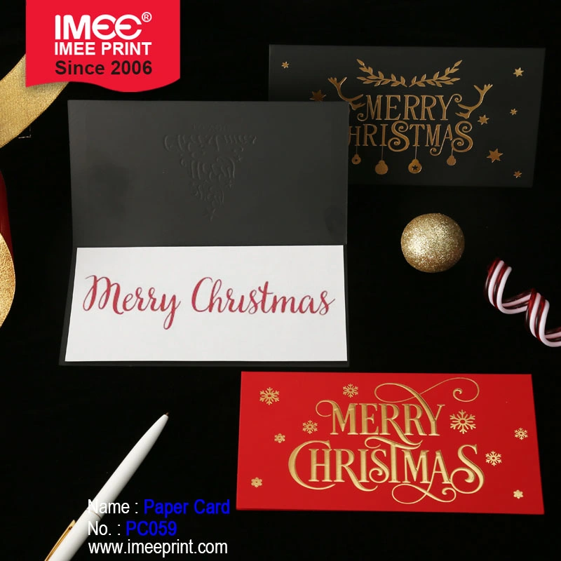 Imee Folded Fancy Red Black Greeting Paper Card Merry Christmas Gold Foil Greeting Card