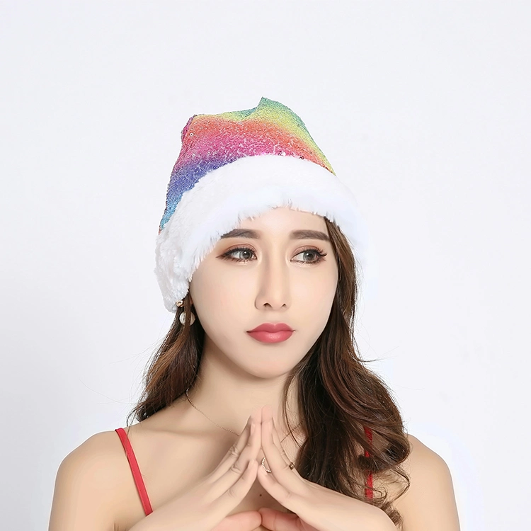 Sj026 Hot Selling New Year Ornaments Christmas Shiny Sequin Adults Magic Rainbow Color Santa Hat