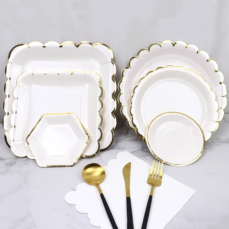 White Disposable Tableware Party Gold Paper Plate Straws Cup Birthday Party Wedding Decor
