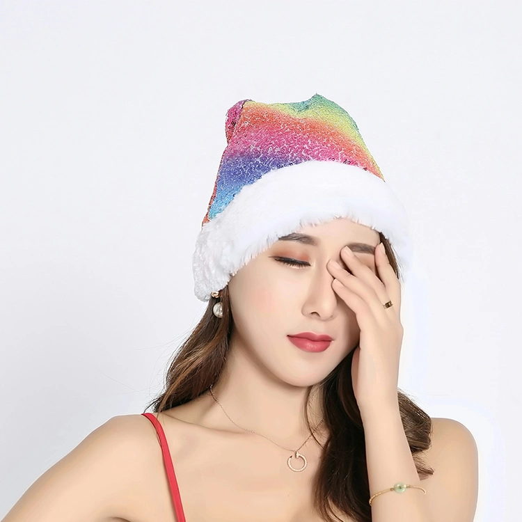 Sj026 Hot Selling New Year Ornaments Christmas Shiny Sequin Adults Magic Rainbow Color Santa Hat
