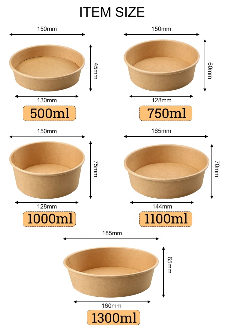 750ml Disposable Paper Salad Bowl with Kraft Paper with Customization Paper Container for Food
