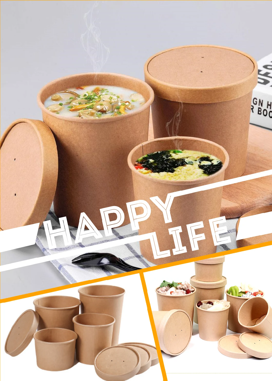 Round Kraft Soup Container Bucket with Paper Vented Lid Paper Bowls for Hot & Cold Foods