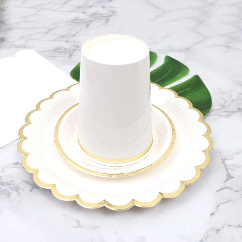 White Disposable Tableware Party Gold Paper Plate Straws Cup Birthday Party Wedding Decor