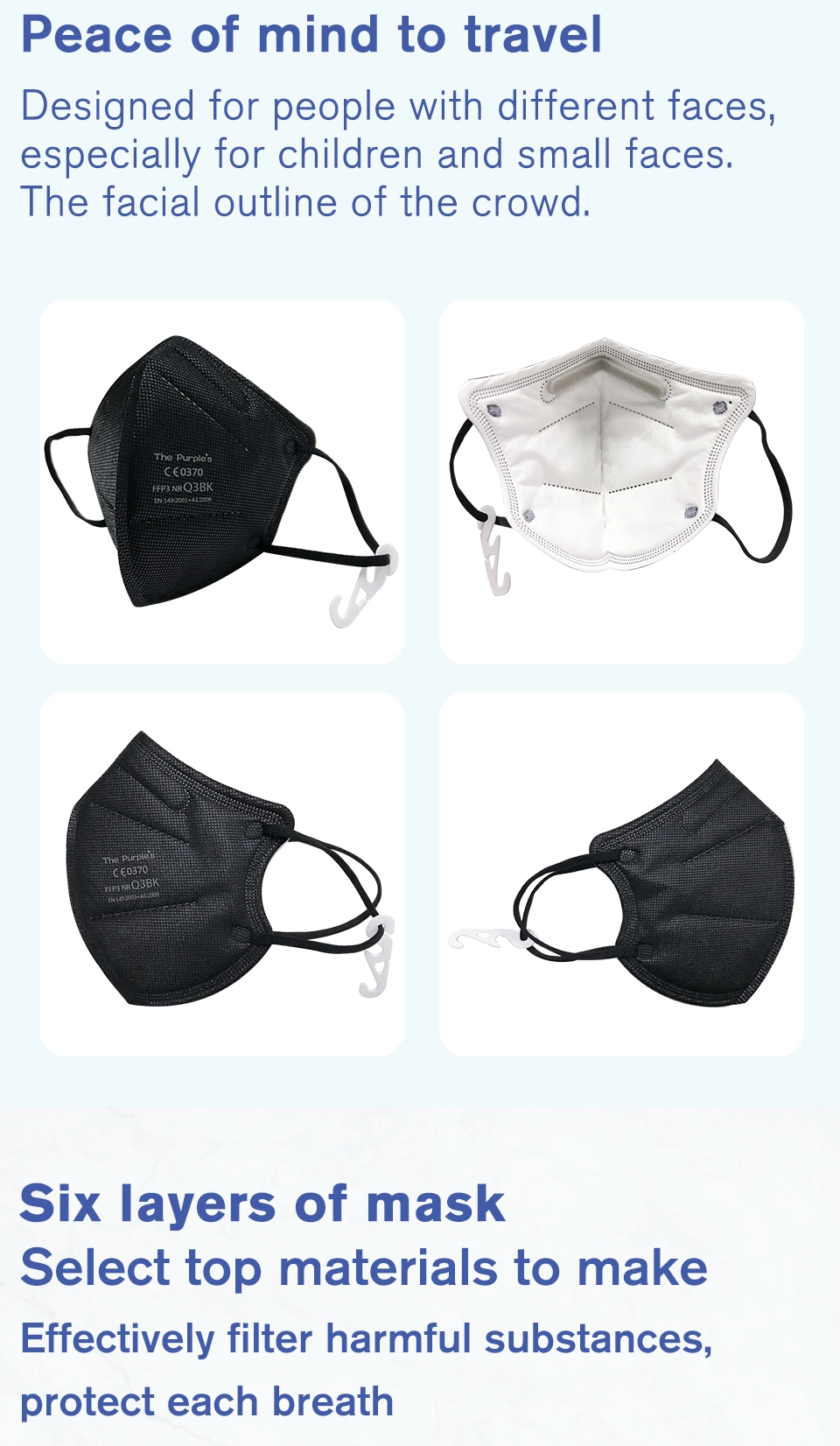 White List Factory FFP3 Unvalved Black Disposable Respirator Fold Flat Mask CE ISO 9001 ISO 13485