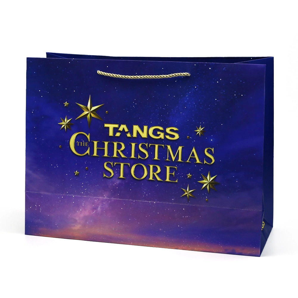 White Paperboard Material PP Rope Purple Christmas Store Gift Paper Bags Logo Printing