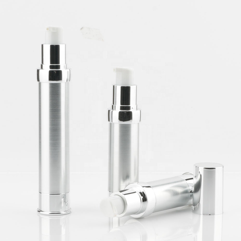 New Design 15ml 20ml 30ml Slim Silver Round Makeup Cosmetics Containers and Packaging Airless Pump Bottle
