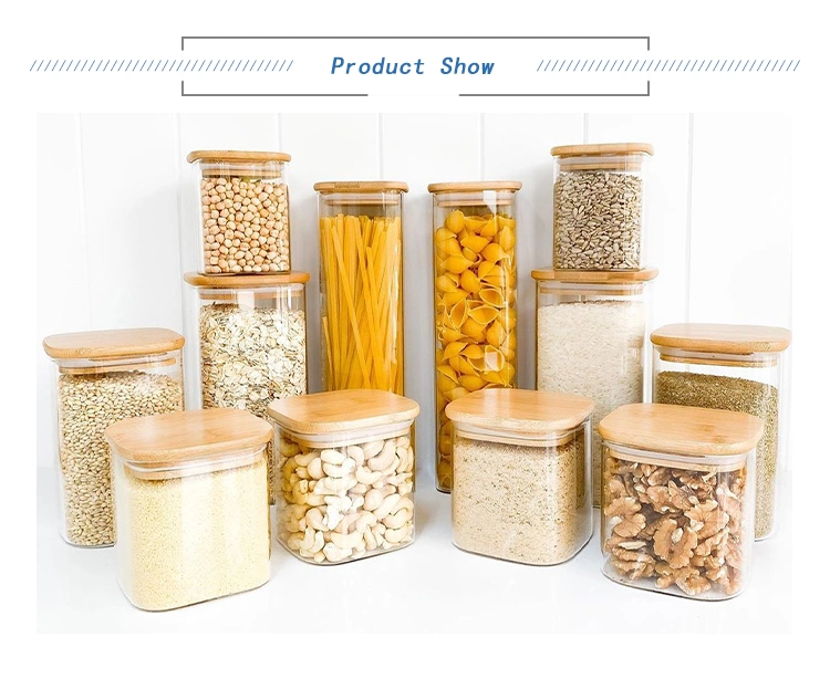 Hot Sale Square Borosilicate Storage Glass Jars with Bamboo and Wood Cover Kitchen Jars Storage