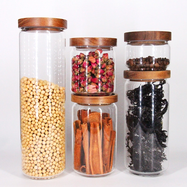 Stackable Acacia Wood Lid Airtight Glass Food Storage Jars for Paste Tea Leaf Coffee Beans