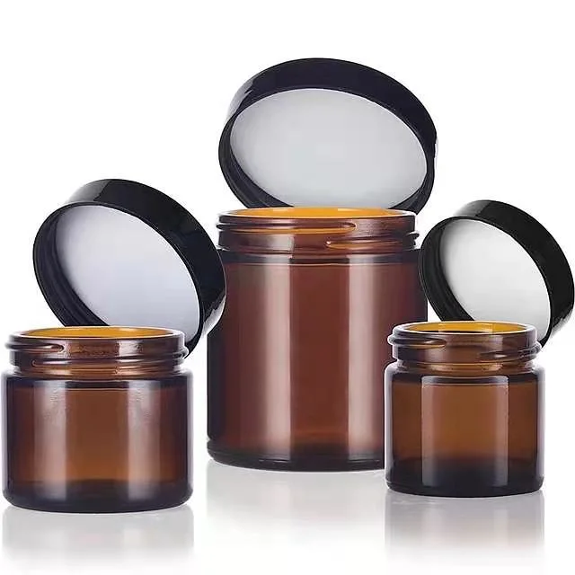 Luxury 4oz 120ml Amber Glass Cosmetic Face Cream Jars with Black Plastic Lids