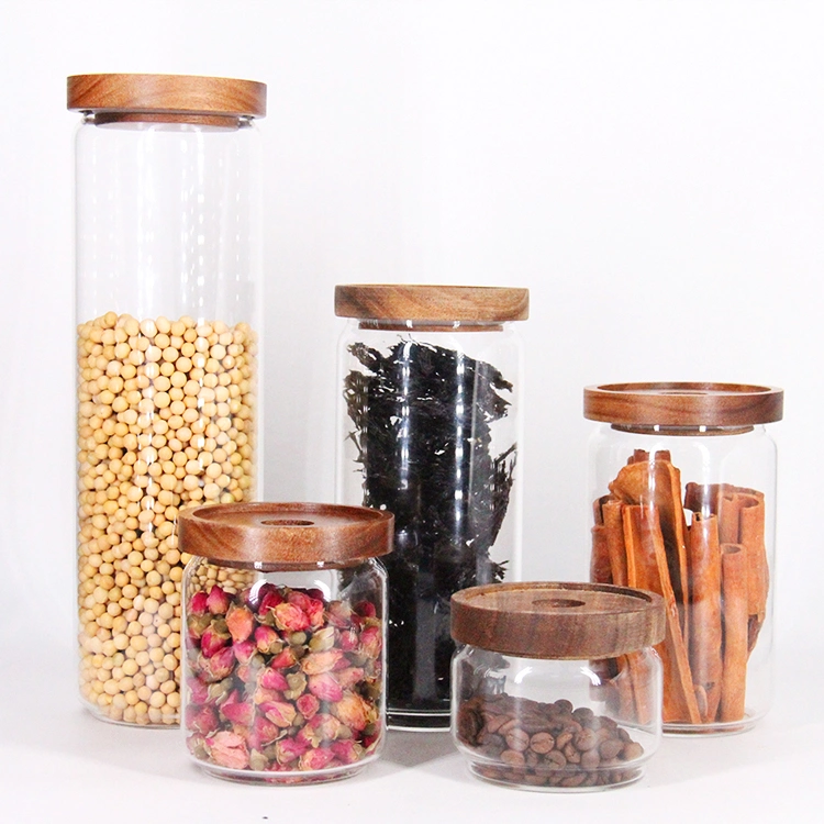 Stackable Acacia Wood Lid Airtight Glass Food Storage Jars for Paste Tea Leaf Coffee Beans