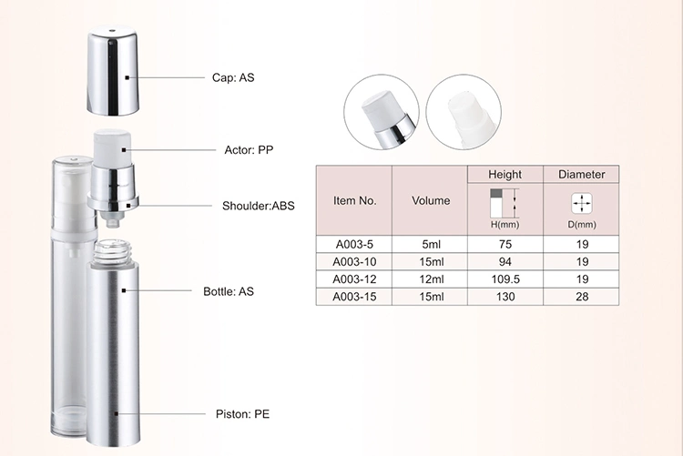 Refillable 5ml 10ml 12ml 15ml White Plastic Round Airless Spray Bottle with Fine Mist Sprayer Pump