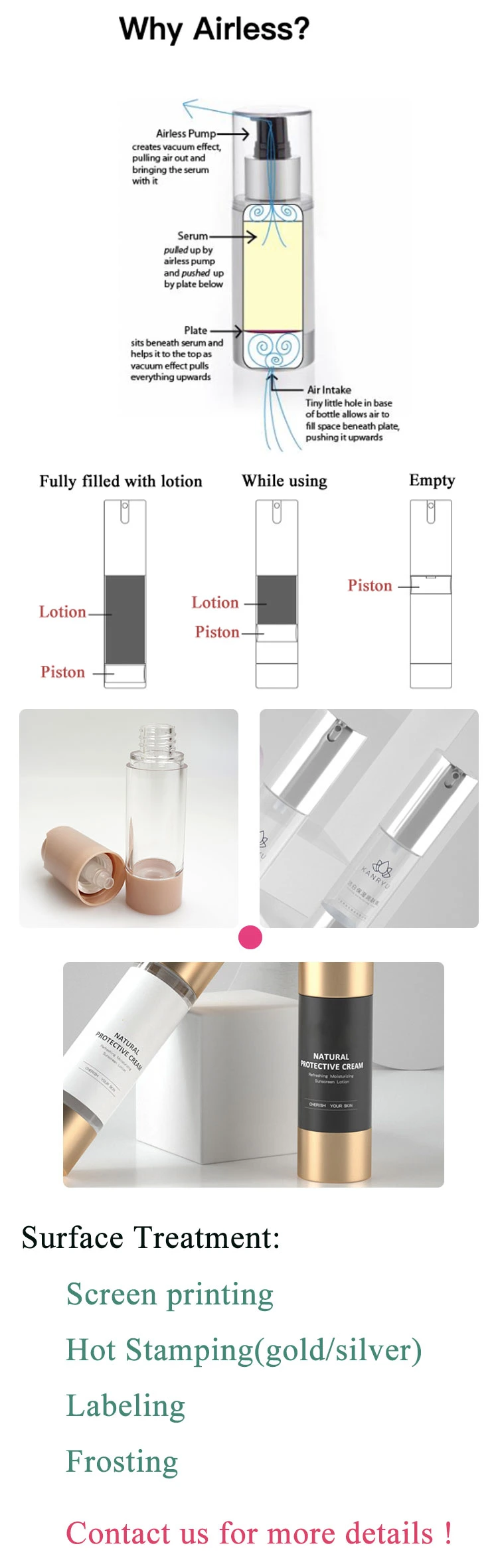 Customize Color and Printing 15/20/30ml Airless Bottle Airless Bottles for Serum Cosmetic Packaging