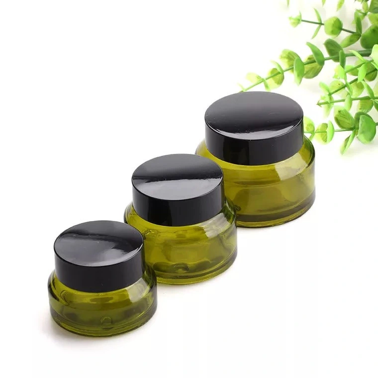 15g 30g 50g Olives Green Glass Cream Jars Cosmetic Packaging with Lid Black Plastic Caps & Inner Liners Round Empty Small Glass Jar Pot