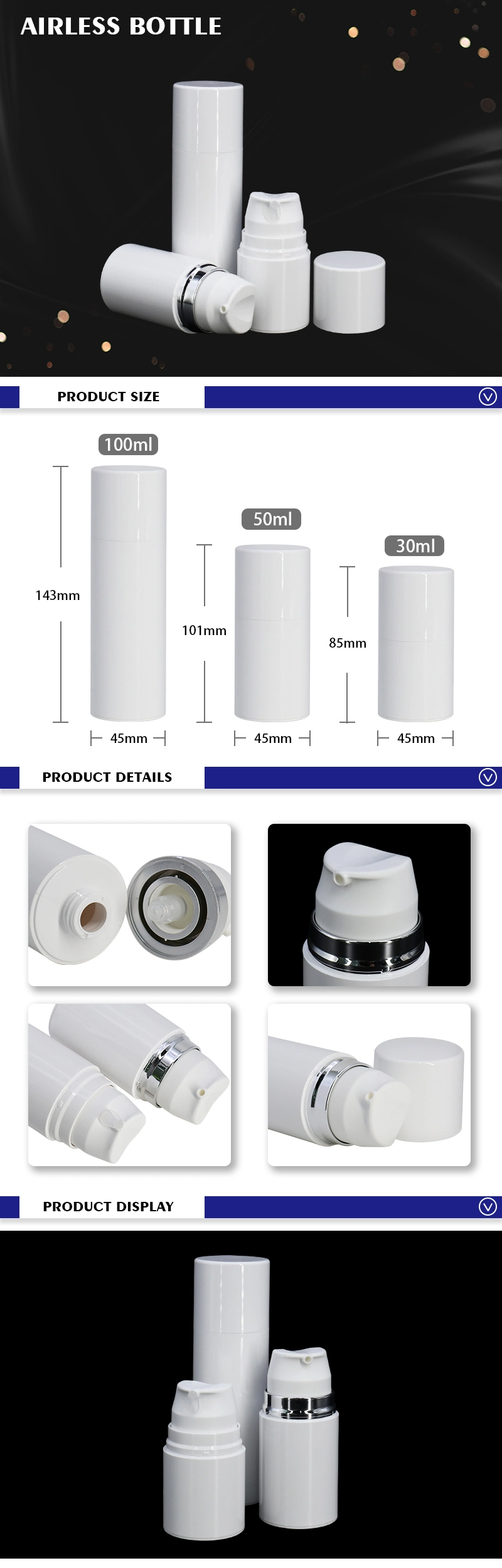 30ml, 50ml, 100ml Plastic Airless Cream Lotion Bottles White Press Pump Bottle