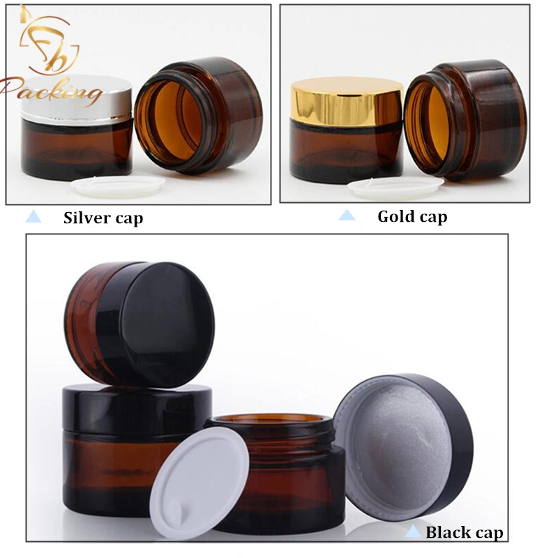 Cosmetic Face Cream Container Lightproof Amber 30g 50g Glass Cream Jar with Black and Gold Cap