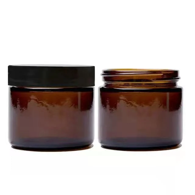 60ml 2oz Amber Container Glass Cosmetic Jars with Black Plastic Lids