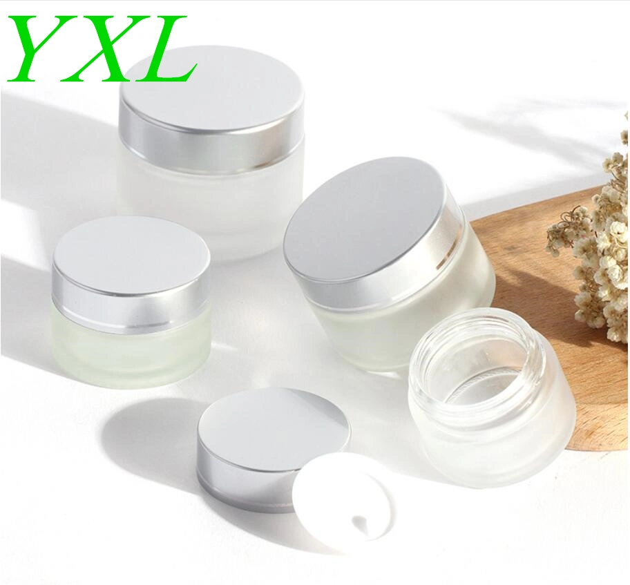 Frosted Glass Cosmetic Packaging Jar with Aluminum Cap Luxury Glass Cosmetic Bottle Jar