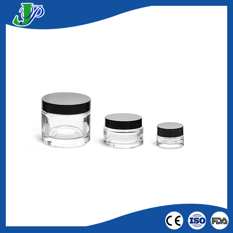 Clear Glass Thick Wall Luxury Cosmetic Jars with Black Lined Caps