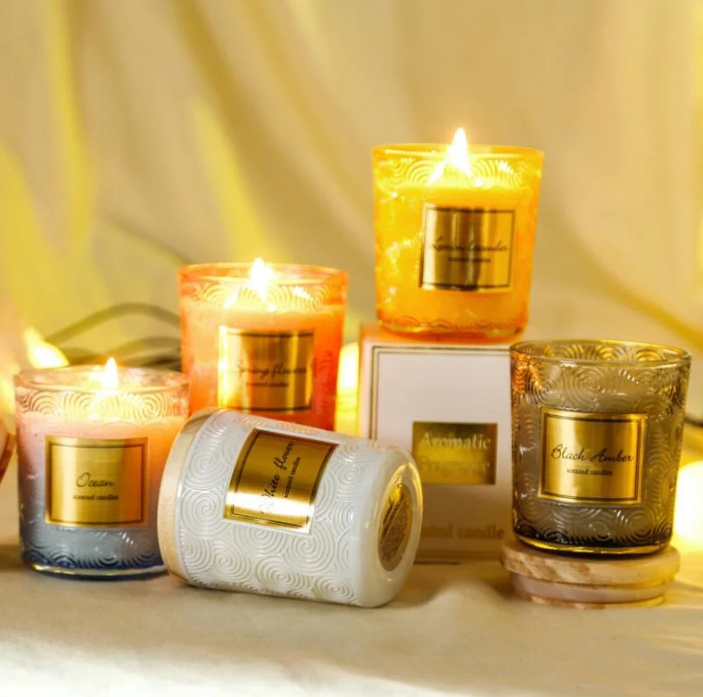 Customized Colored Glass Candle Jars with Decorative Metal Candle Lids