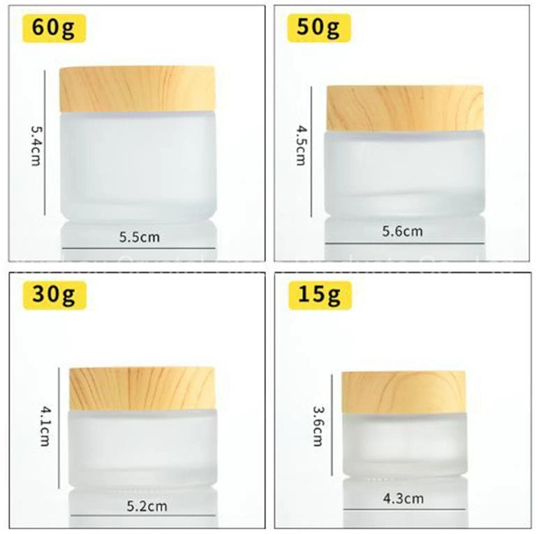 20g 30g 40g 50g Empty Frosted Clear Cosmetic Face Cream Glass Jars with Wood Lid
