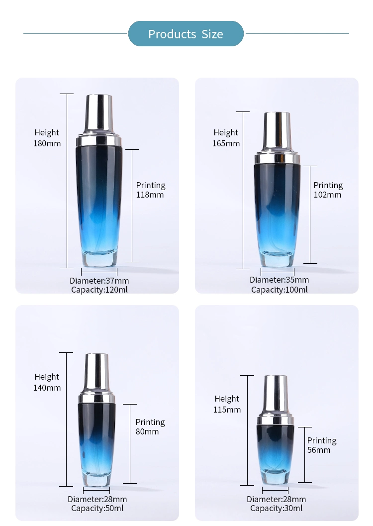 Luxury Cosmetic Packaging High Quality Whole Set Clear Custom Spraying Blue Glass Bottles and Jars