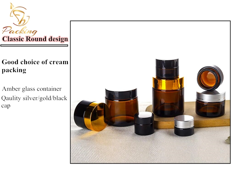 Cosmetic Face Cream Container Lightproof Amber 30g 50g Glass Cream Jar with Black and Gold Cap