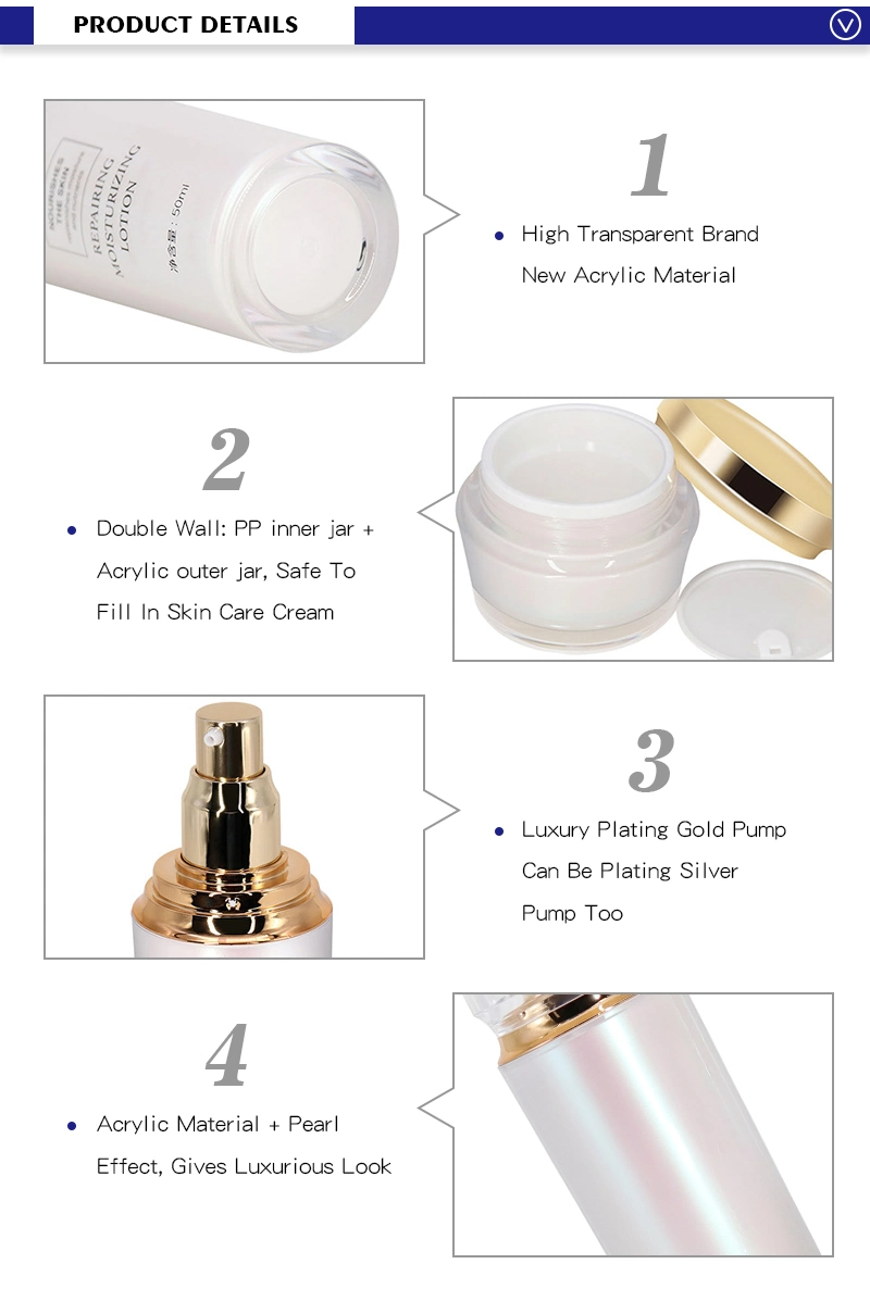 Luxury Skincare Packaging Plastic 30ml 50ml 80ml 100ml Acrylic Cosmetic Lotion Bottles and Cream Jars