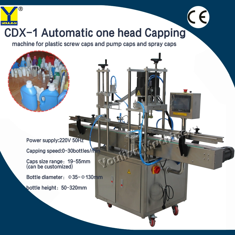 Automatic Linear Trigger Spray Plastic Water Juice Milk Bottle Capping Machine with Conveyor CDX-1