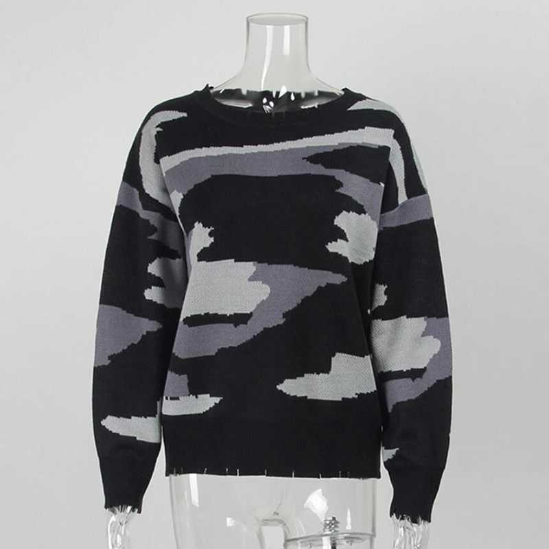Winter Loose Womens Irregular Round Neck Camouflage Print Sweater Tops
