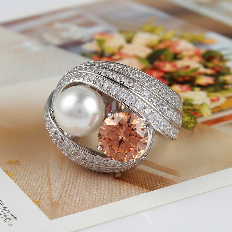 Trendy Jewelry 925 Sterling Silver Diamond Charm Shell Pearl Ring