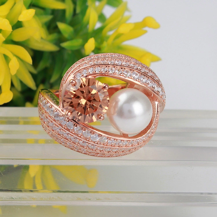Trendy Jewelry 925 Sterling Silver Diamond Charm Shell Pearl Ring