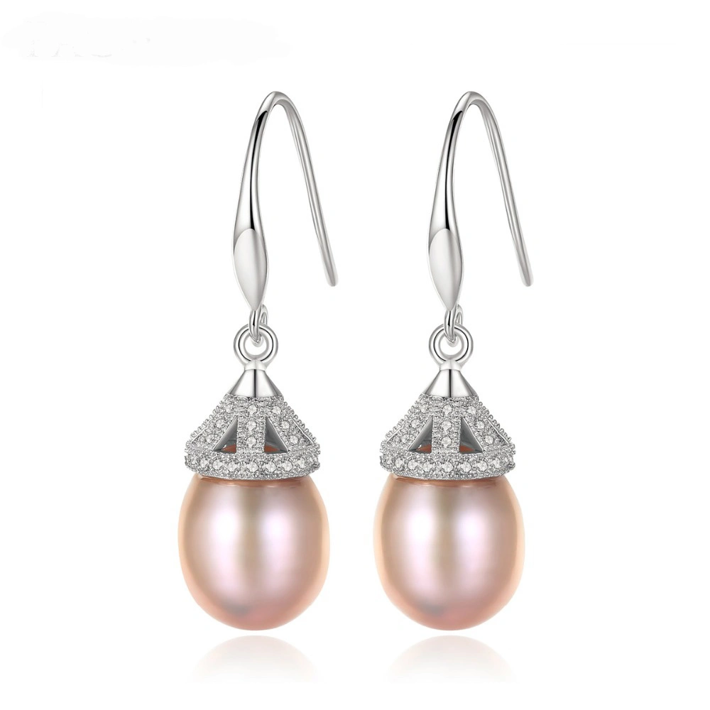 Sterling Silver Freshwater Pearl Cultured CZ Diamond Bridal Dangle Earrings