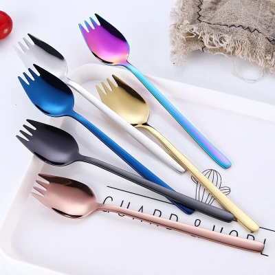 304 Stainless Steel Salad Fork Fork Long Handle Spoon and Fork One Fruit Salad Spoon Noodle Fork Creative Titanium Plated Gold Tableware