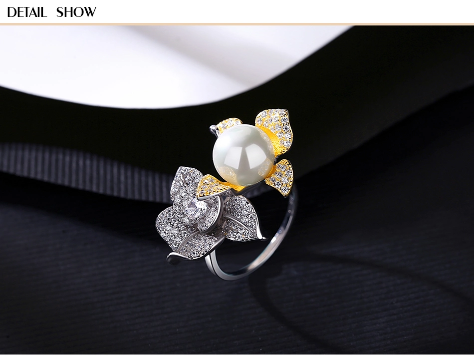High Quality Flower Gold Plated S925 Silver CZ Freshwater Pearl Ring