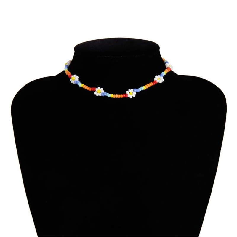 Colorful Beaded Ethnic Necklace, Creative Rice Bead Woven Flower Geometric Necklace