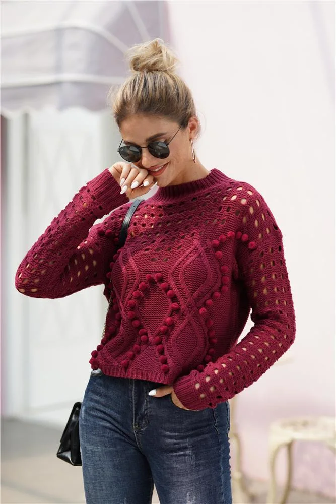 Solid Color Loose Round Neck Custom Jumper Women Knitwear Hollow Sweater