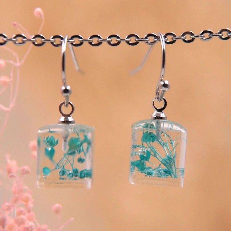 New Design Fashion Women Jewelry Real Dried Flower Resin Pendant Earrings