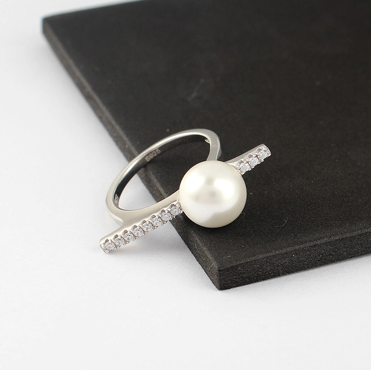 Simple 925 Sterling Silver Diamond Ring Shell Pearl Ladies Elegant Fashion Jewelry