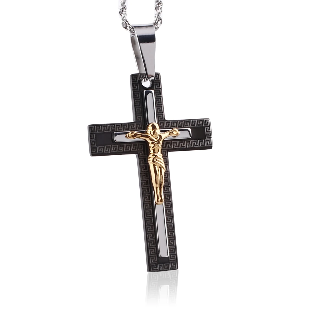 Gold Plated Stainless Steel Multi-Color Multi-Layered Jesus Cross Pendant Necklace