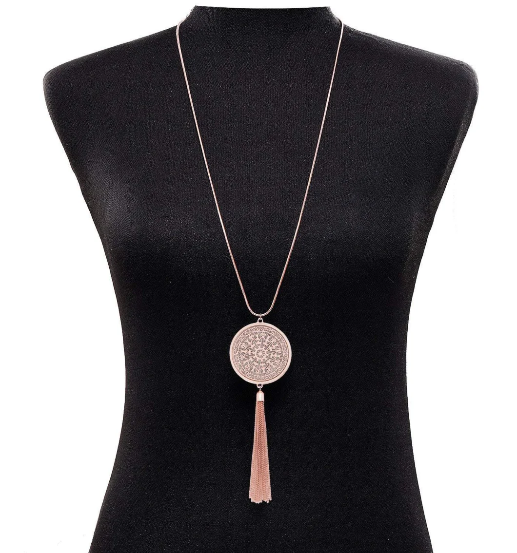 Long Necklaces for Woman Disk Circle Pendant Necklaces Tassel Fringe Necklace