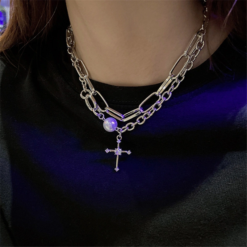 Fashion Rhinestone Cross Double Layered Girl Pearl Necklace