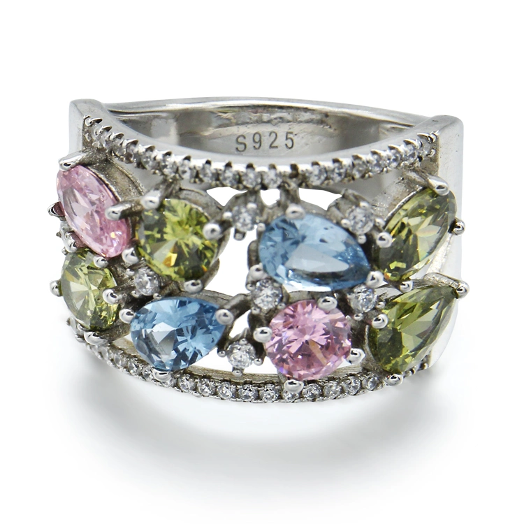 Leaye Silver Color Unique Design Colorful CZ Ring Paved Zircon Fashion Women Ring Jewelry
