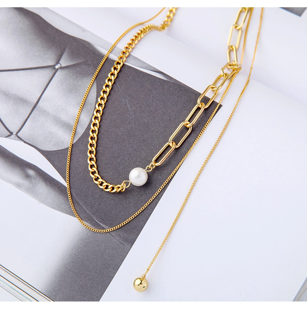 Trendy Women Elegant Double Chain Pendant AAA Zirconia Natural Pearl Necklace Gold Plating Silver Necklace